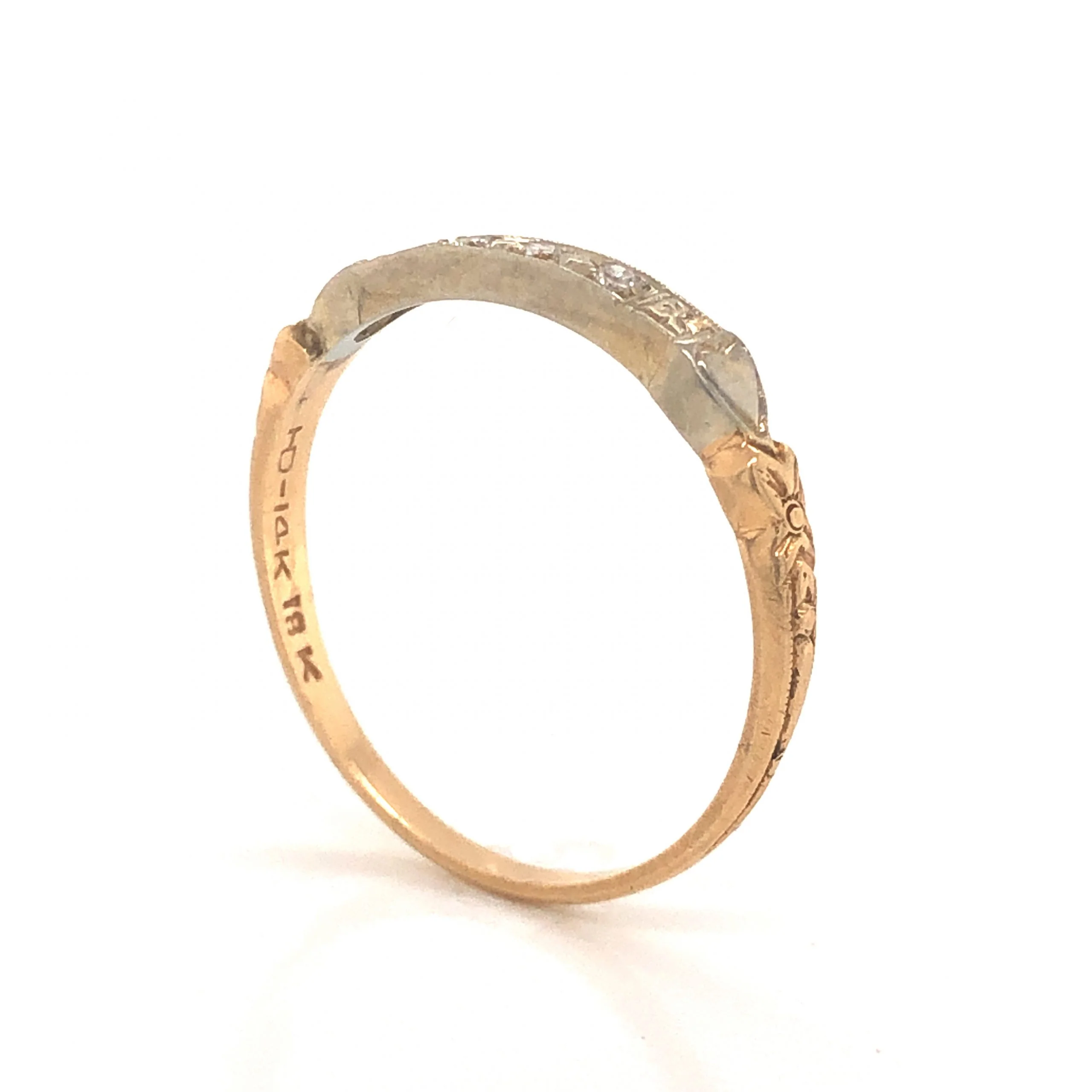 Retro Engraved Two-Toned Diamond Wedding Band in 14k & 18k - Image 5
