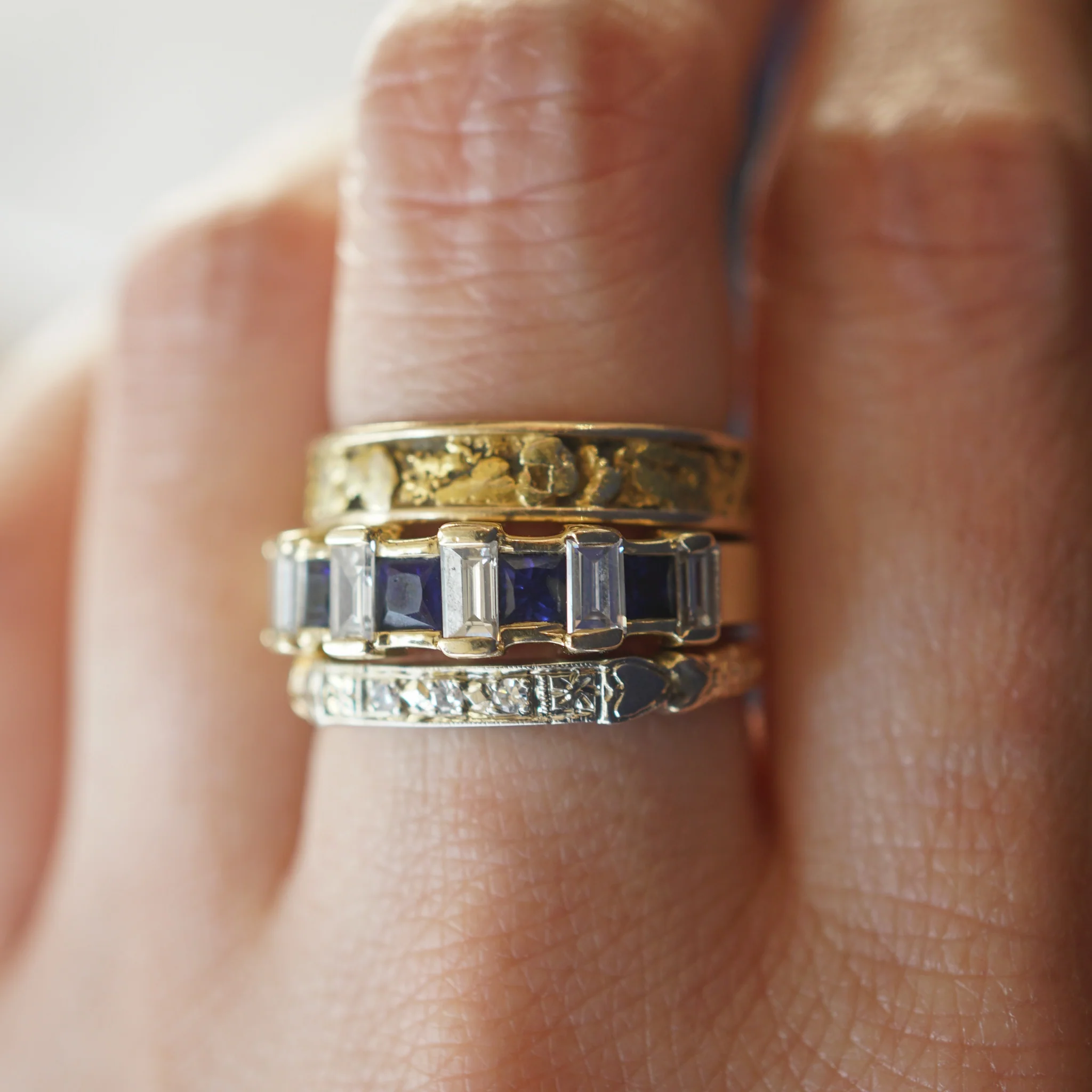 Retro Engraved Two-Toned Diamond Wedding Band in 14k & 18k - Image 6