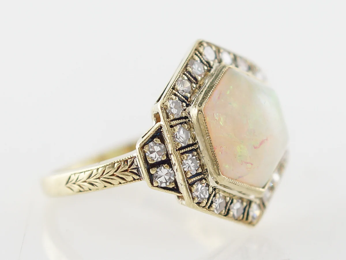 Retro Opal Right Hand Ring w/ Diamonds in Yellow Gold - Image 3