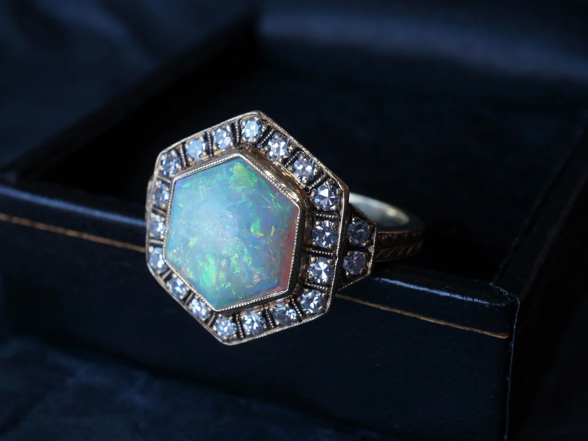 Retro Opal Right Hand Ring w/ Diamonds in Yellow Gold - Image 6