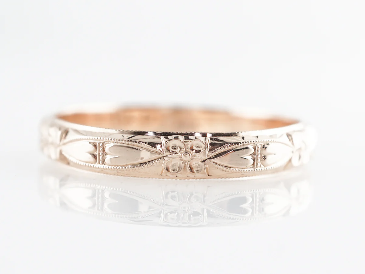 Retro Orange Blossom & Hearts Wedding Band in Yellow Gold