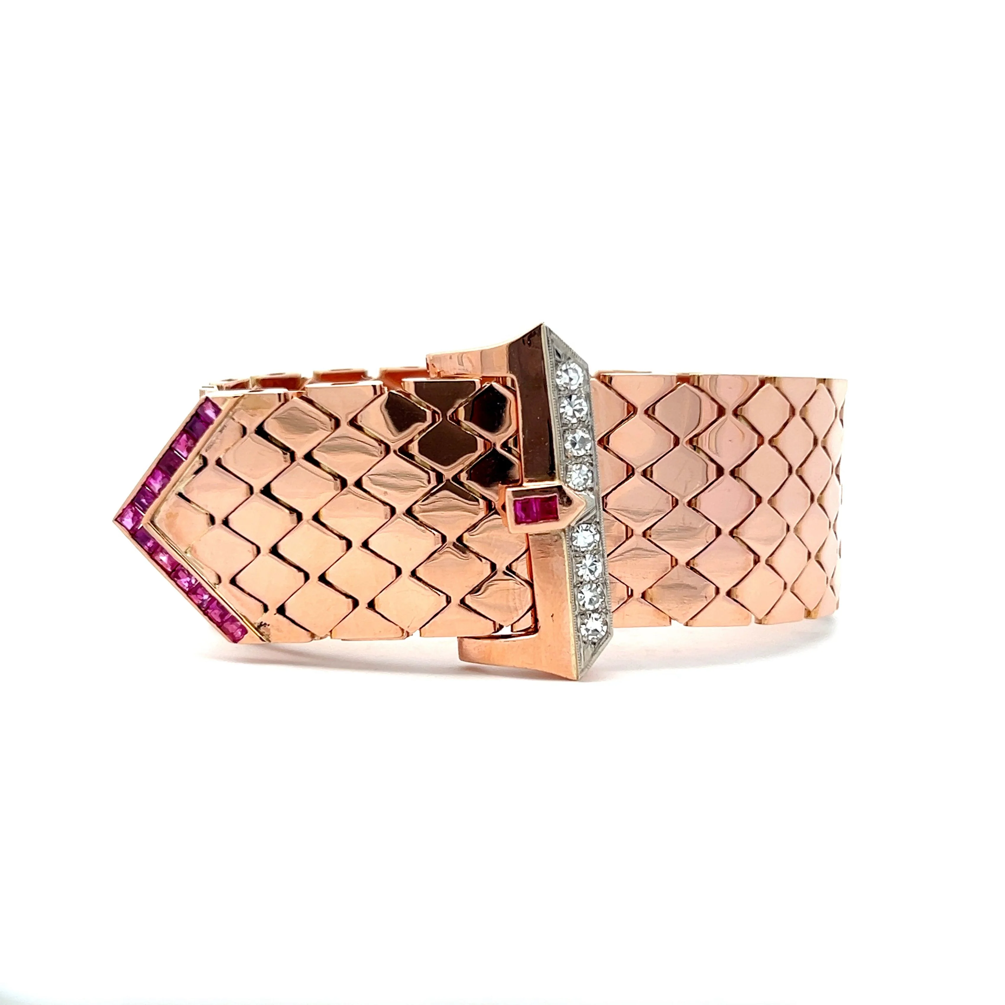 Retro Ruby & Diamond Buckle Bracelet in 14k Rose Gold