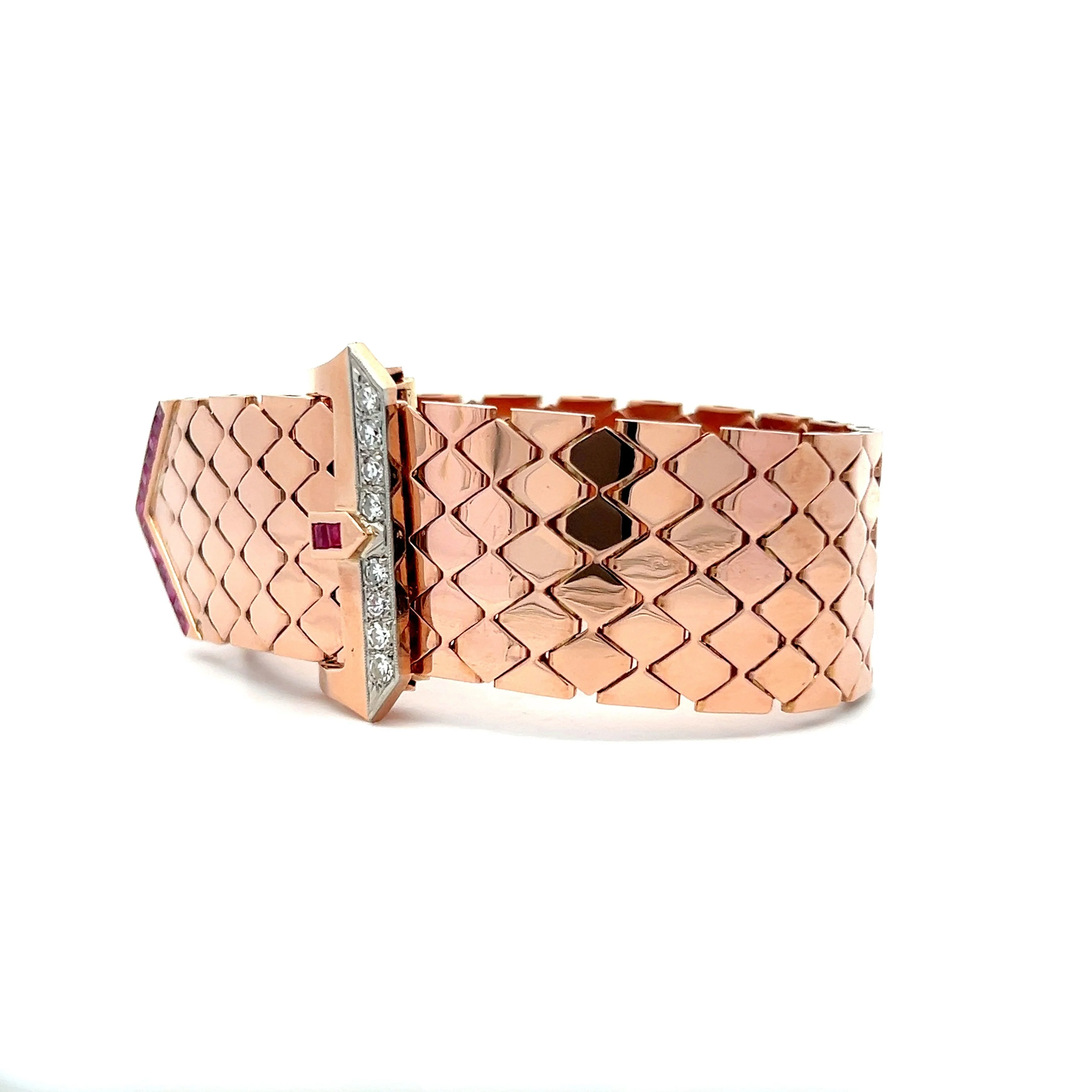 Retro Ruby & Diamond Buckle Bracelet in 14k Rose Gold - Image 2