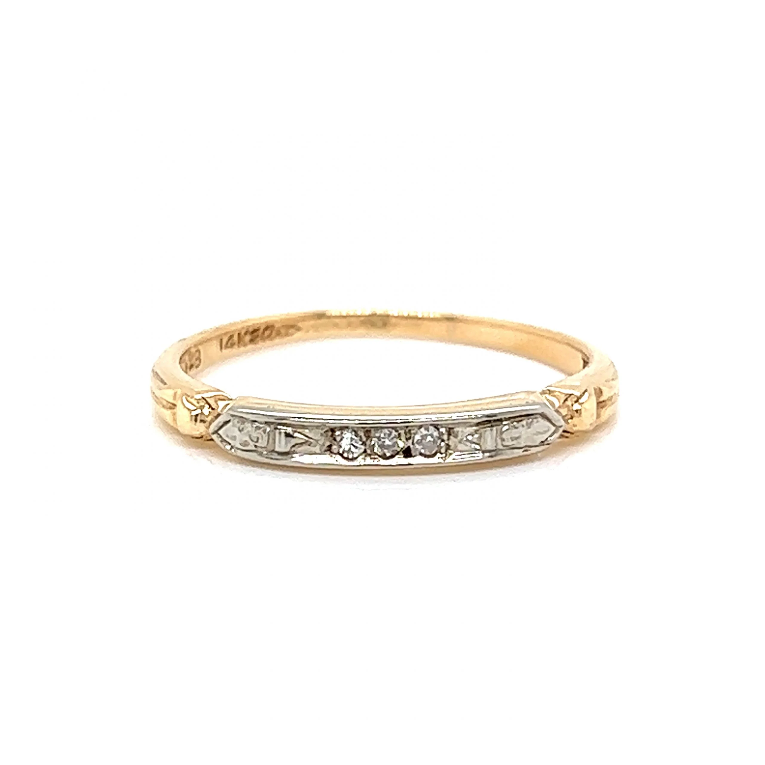 Retro Three Stone Diamond Wedding Band in 14k Gold