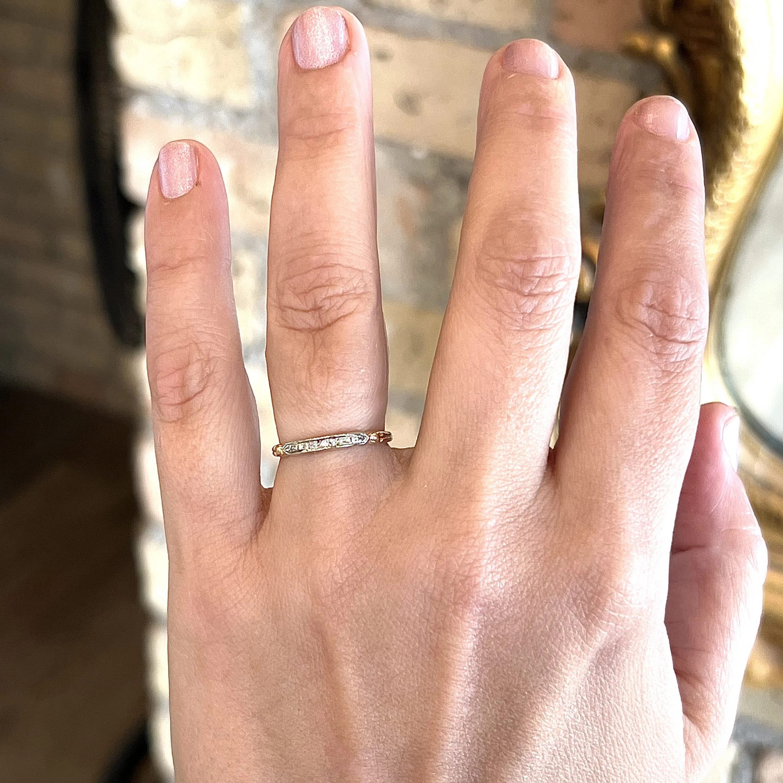 Retro Three Stone Diamond Wedding Band in 14k Gold - Image 6