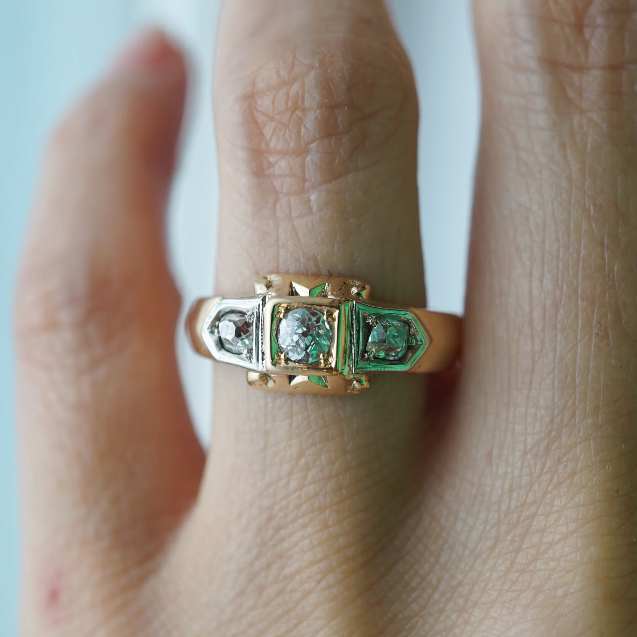 Retro Three Stone Diamond Engagement Ring 14k Gold - Image 7