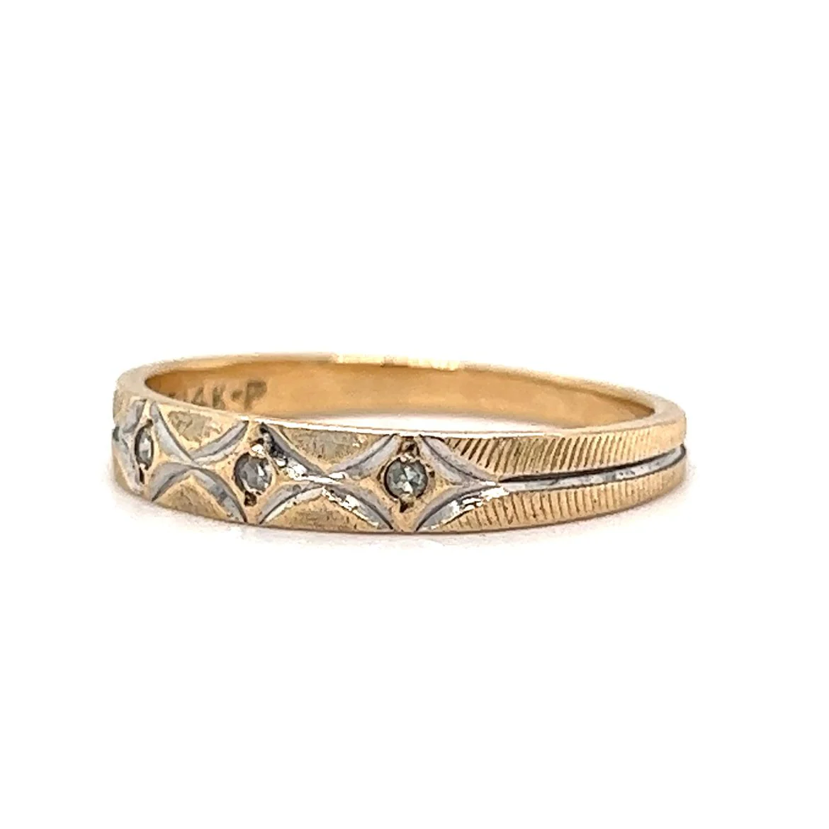 Retro Three Stone Diamond Wedding Band in 14k Gold - Image 2