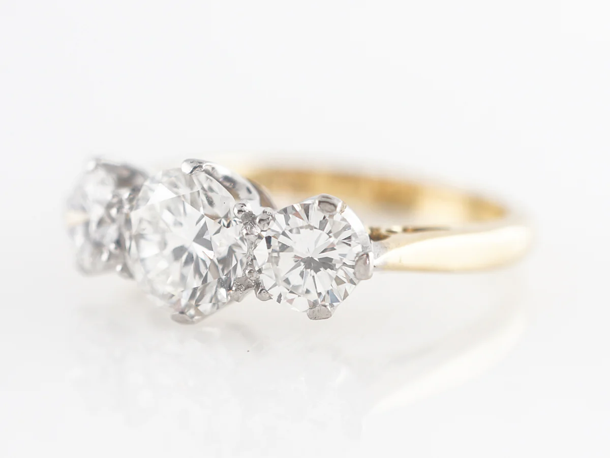 Retro Three Stone Engagement Ring in Platinum and Yellow Gold - Image 2