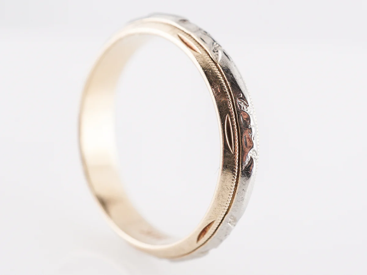 Retro Two-Tone Engraved Wedding Band in 14k Yellow Gold - Image 3