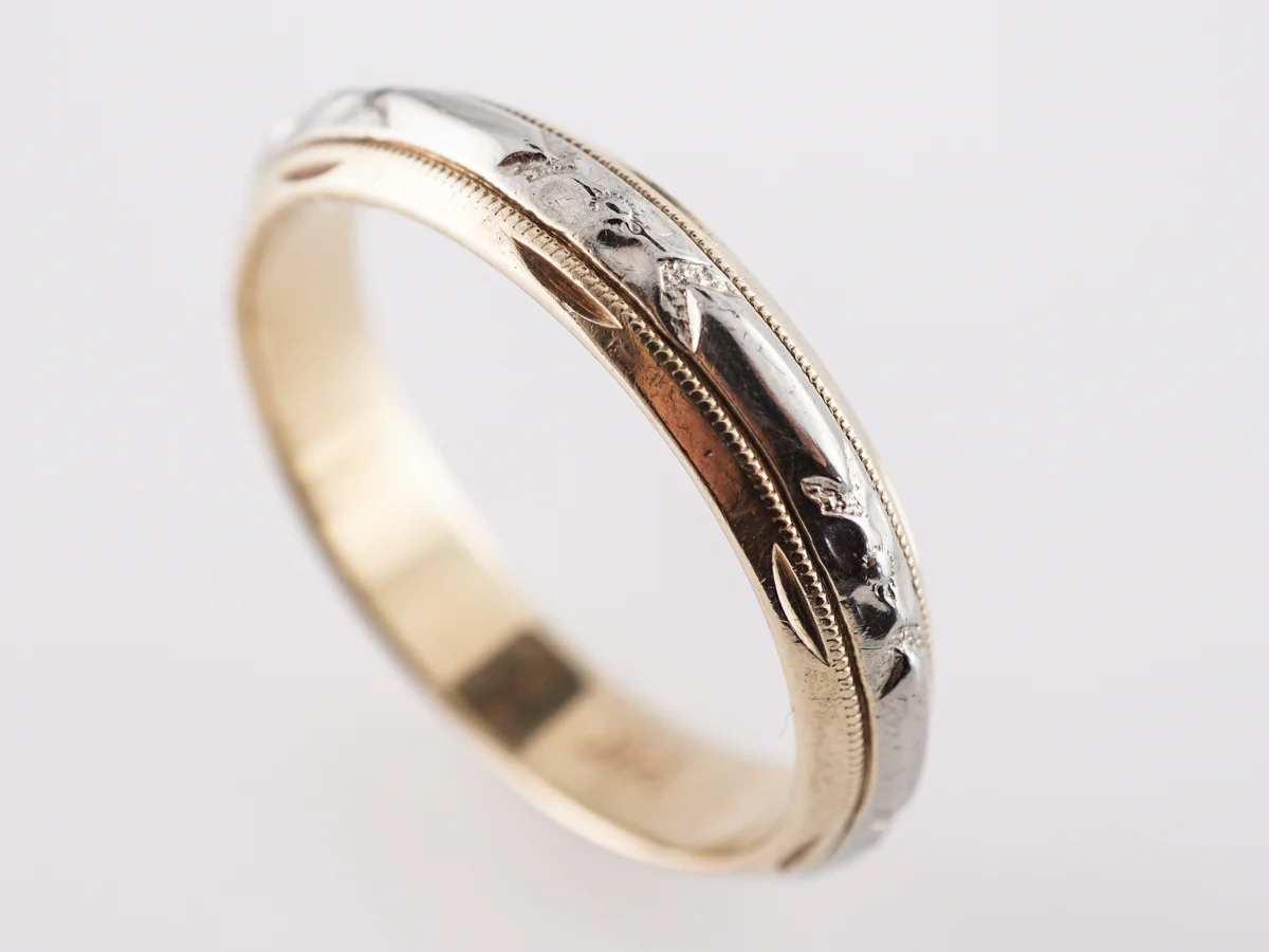 Retro Two-Tone Engraved Wedding Band in 14k Yellow Gold - Image 4