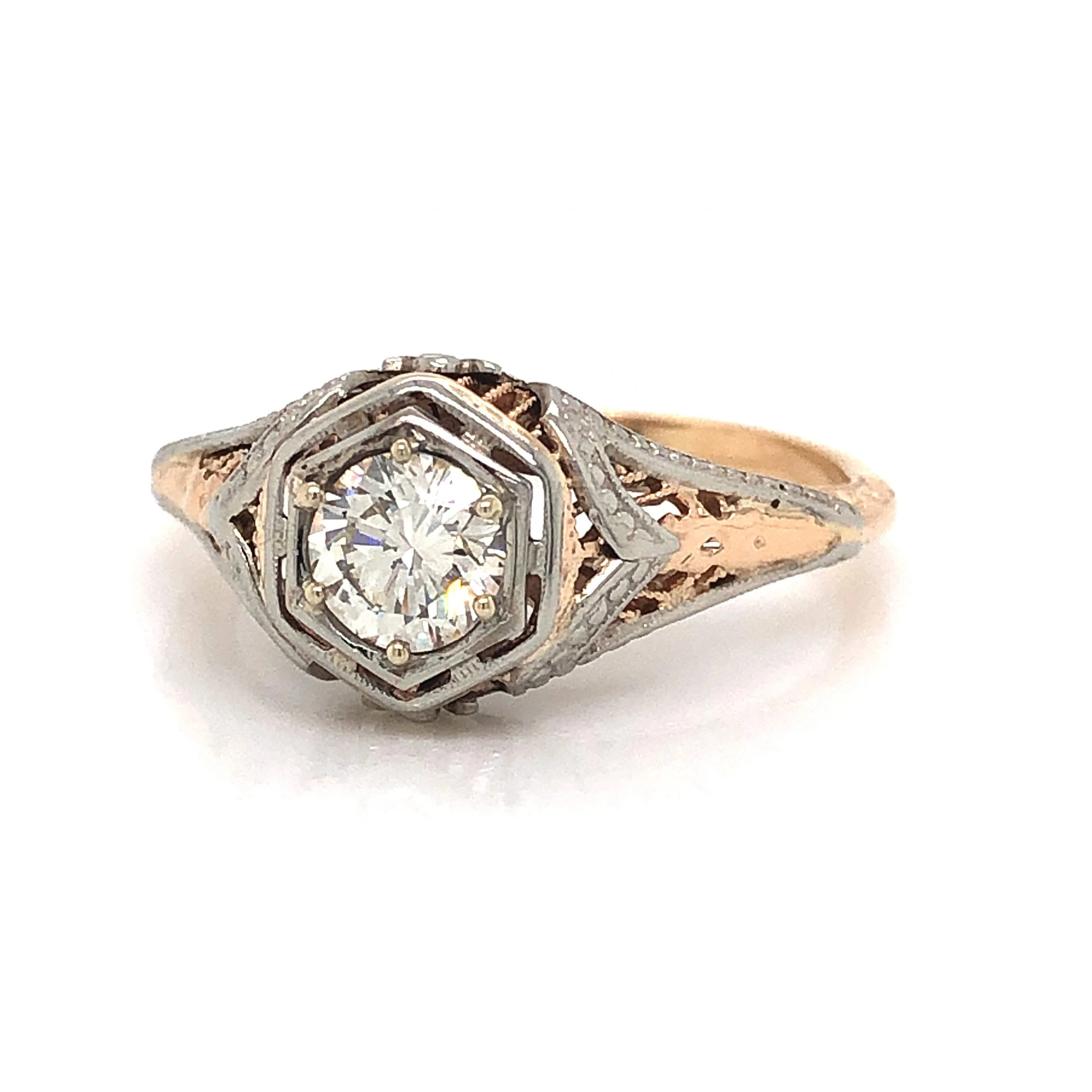 Retro Two-Tone Filigree Diamond Engagement Ring 14k - Image 2