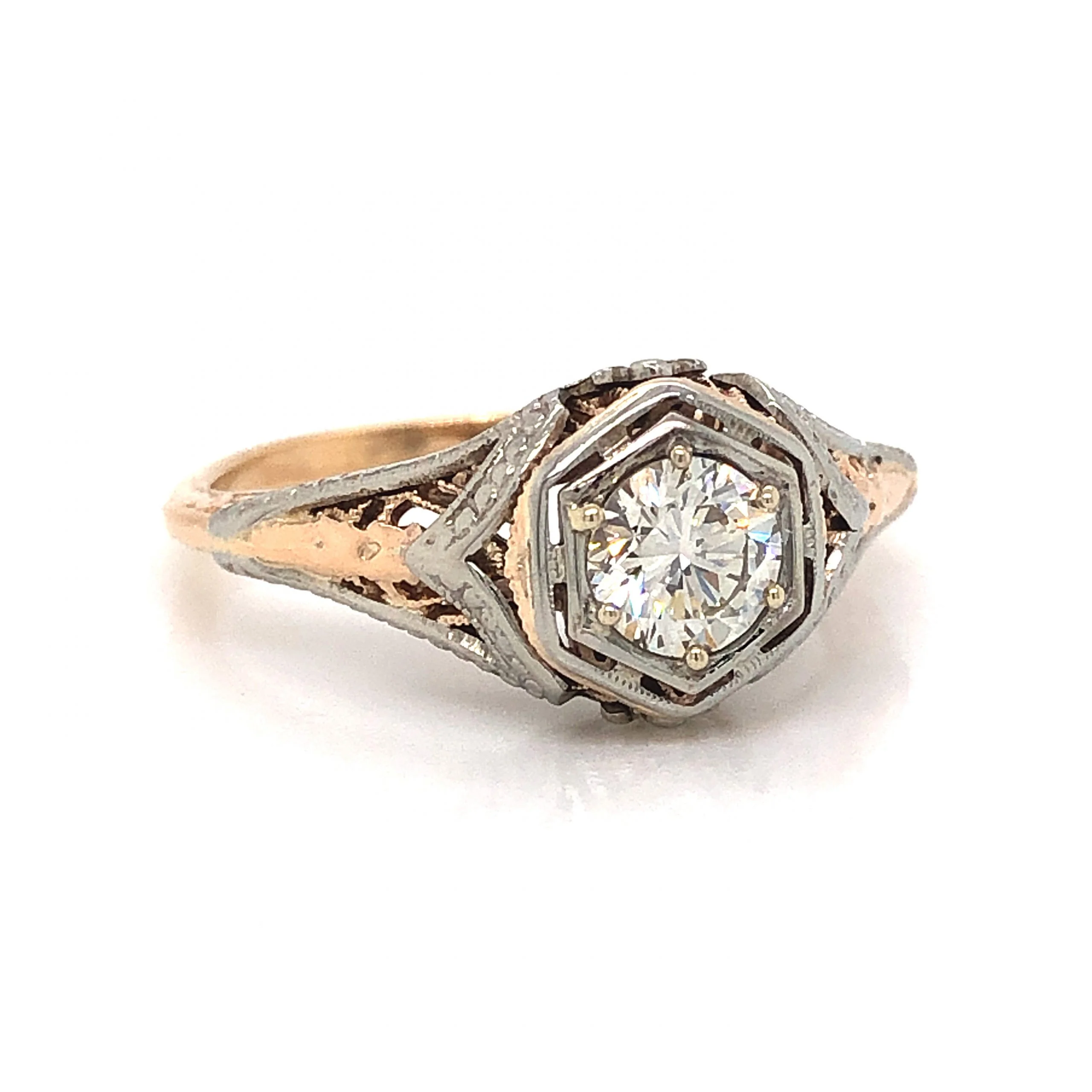 Retro Two-Tone Filigree Diamond Engagement Ring 14k - Image 3