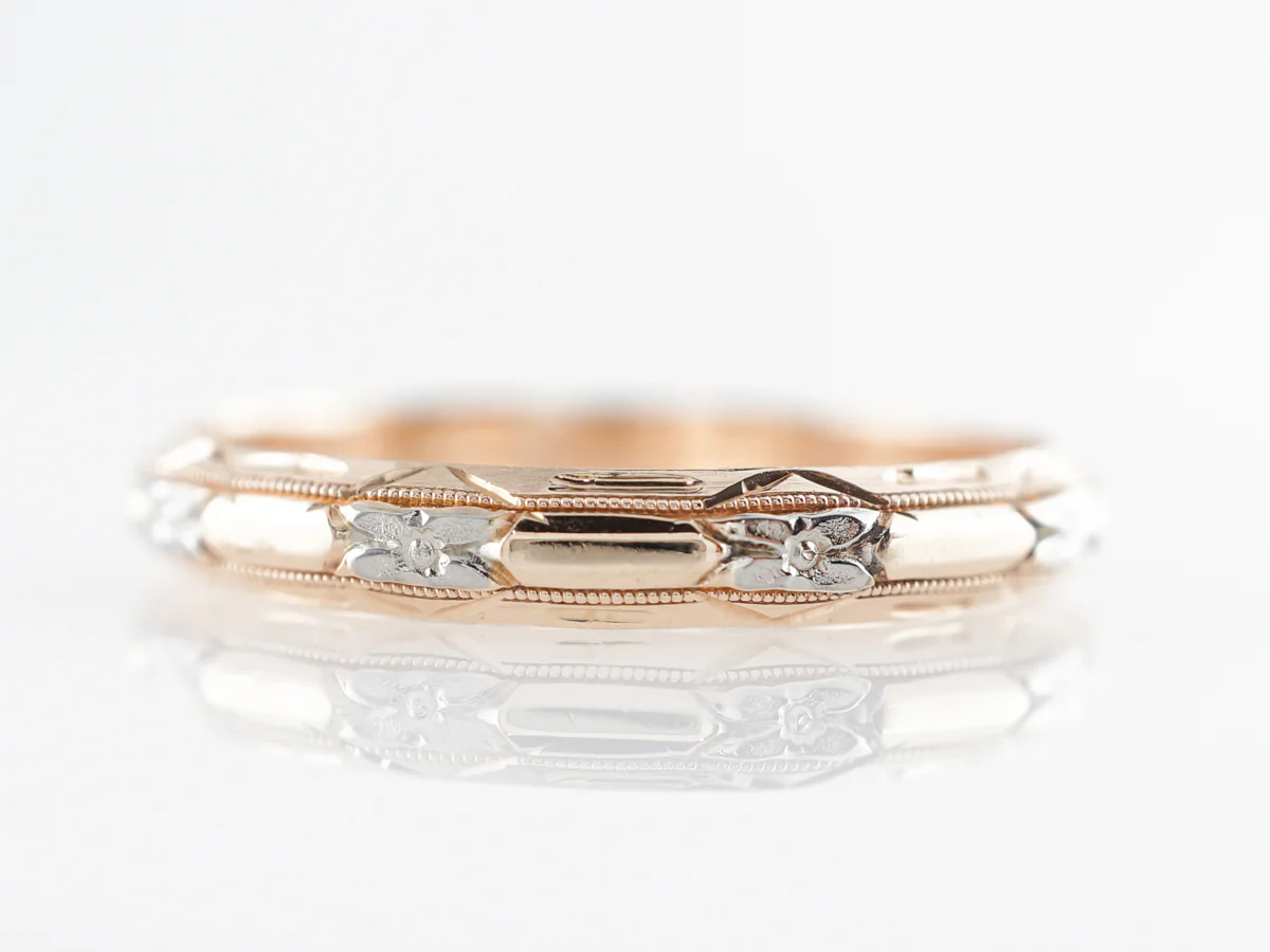 Retro Two-Tone Orange Blossom Engraved Wedding Band