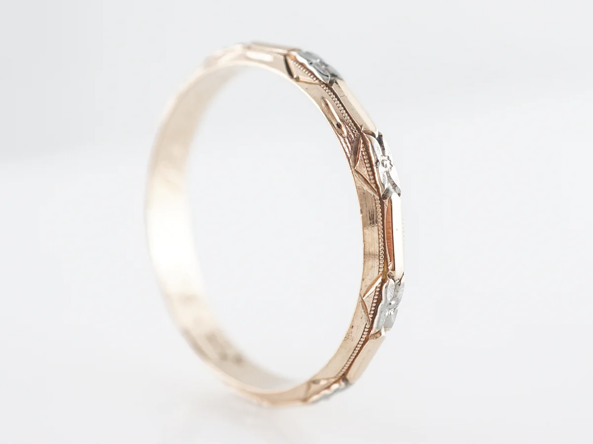Retro Two-Tone Orange Blossom Engraved Wedding Band - Image 3