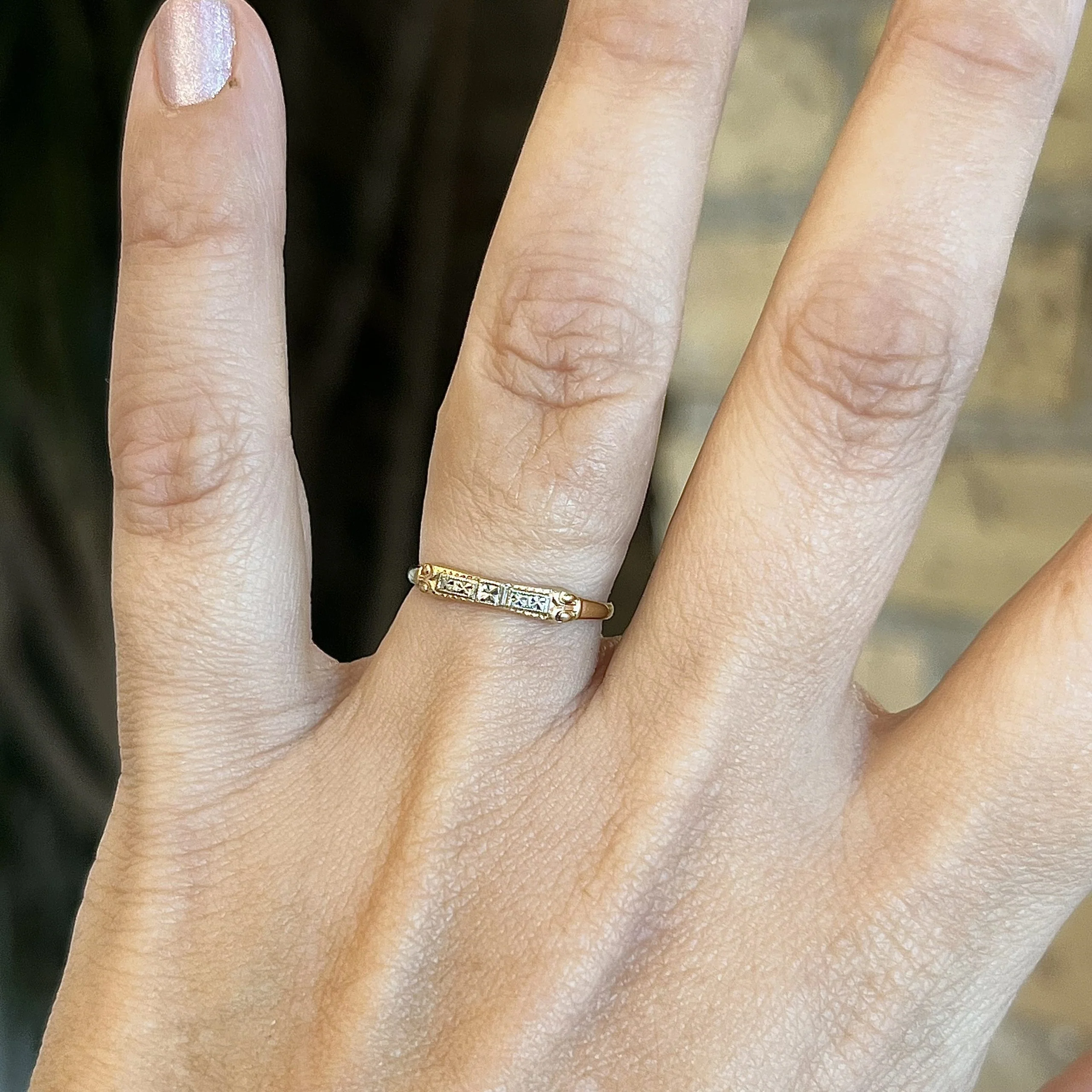 Retro Two-Toned Delicate Wedding Band in 14k Gold - Image 6