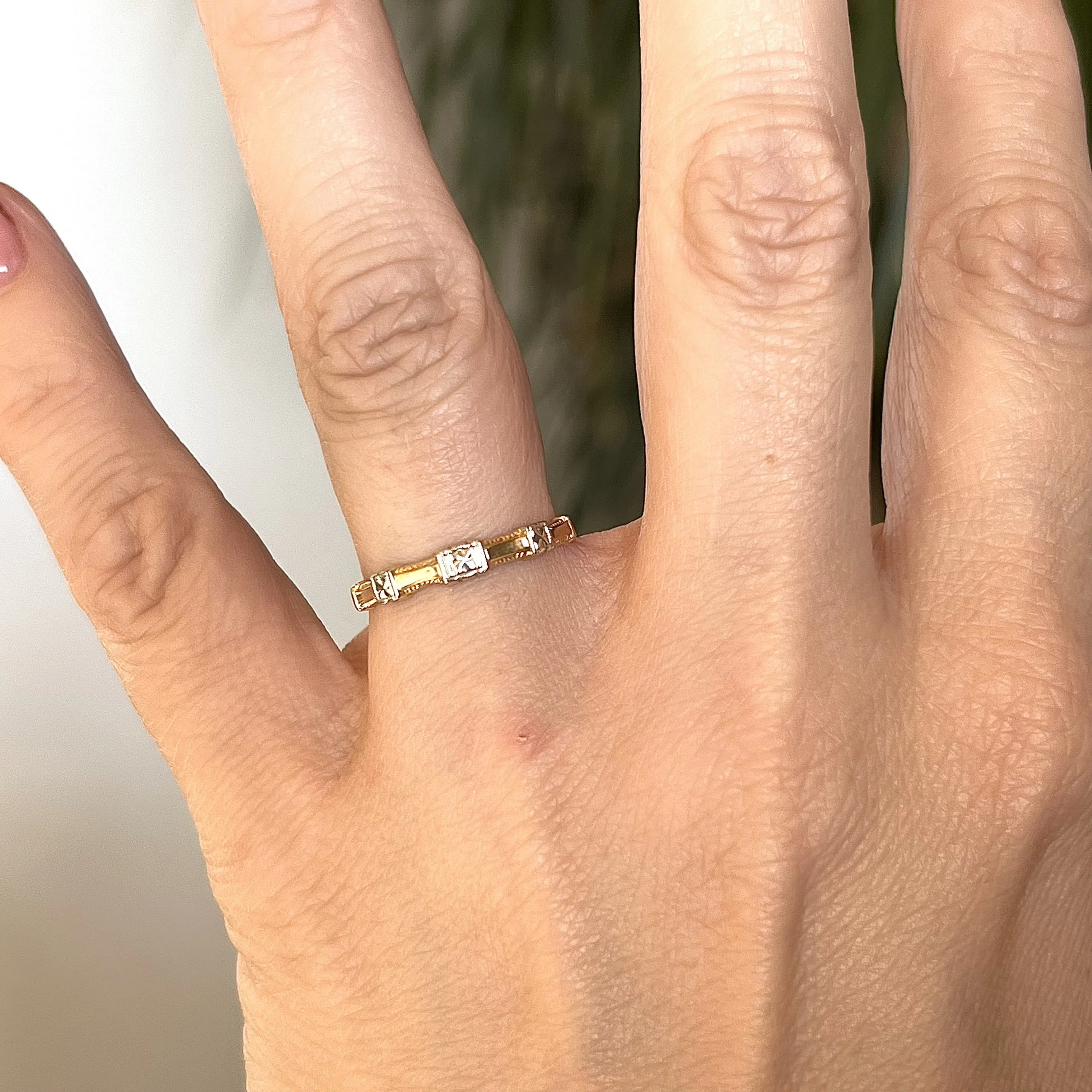 Retro Two-Toned Station Wedding Band in 14k Gold - Image 6