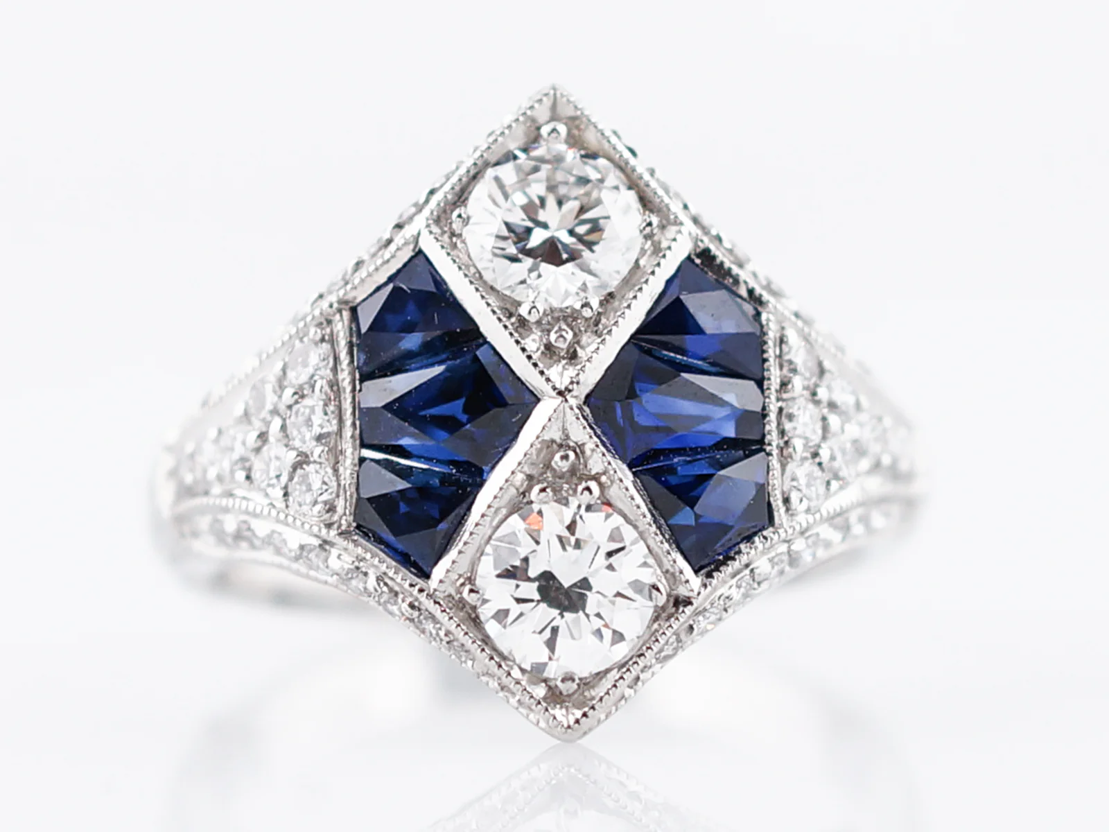 Right Hand Ring Modern 1.03 Round Brilliant Cut Diamonds & 2.86 French Cut Sapphire in Platinum - Image 2