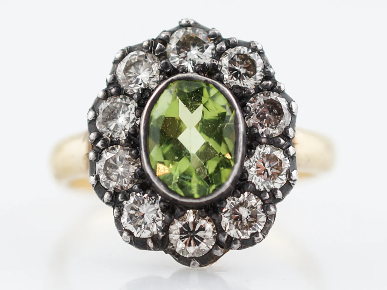 Right Hand Ring Modern 1.04 Oval Cut Peridot & 1.00 Round Brilliant Cut Diamonds in 18K Yellow Gold & Sterling Silver - Image 2