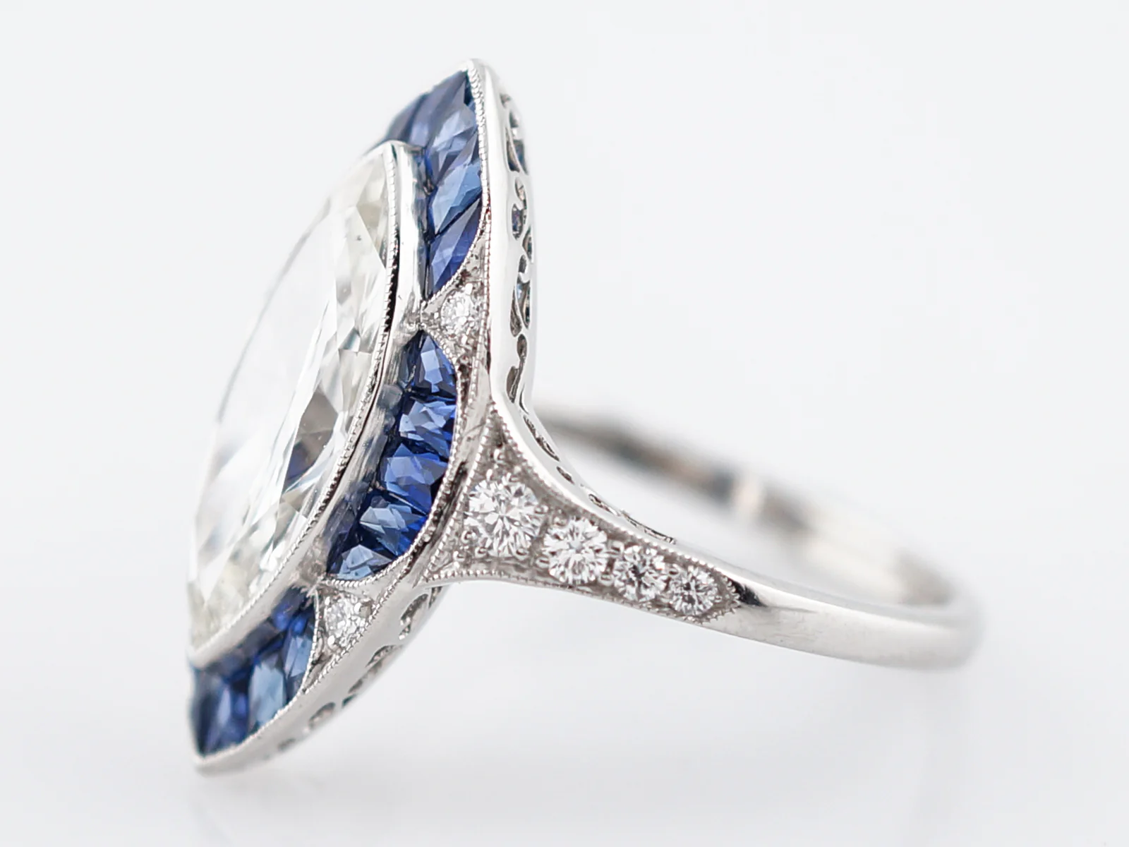 Right Hand Ring Modern 1.85 Marquise Cut Diamond & .90 French Cut Sapphire in Platinum - Image 2