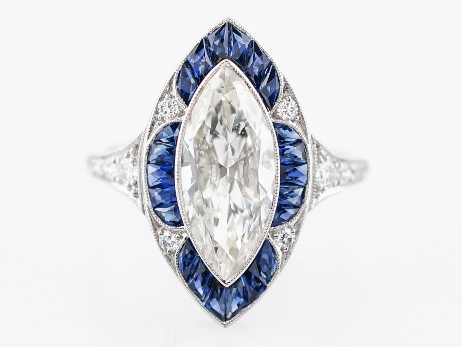 Right Hand Ring Modern 1.85 Marquise Cut Diamond & .90 French Cut Sapphire in Platinum - Image 2
