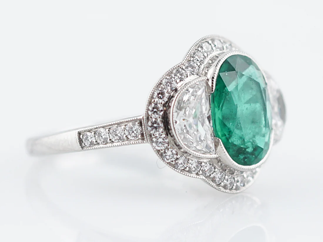 Right Hand Ring Modern 1.99 Oval Cut Emerald & 1.20 Half Moon & Single Cut Diamonds in Platinum - Image 3