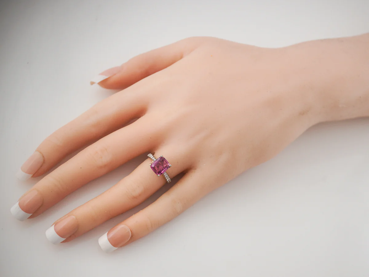 Right Hand Ring Modern 2.14 Cushion Cut Pink Spinel & .24 Round Brilliant Cut Diamonds in 18k Yellow Gold - Image 6