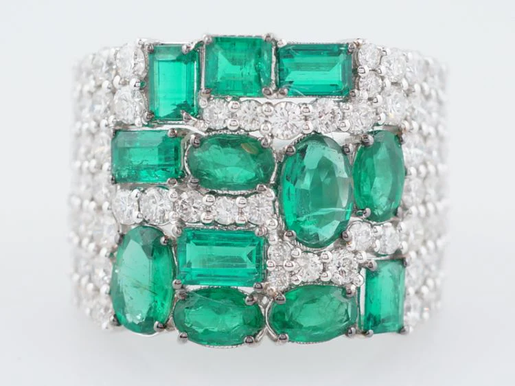 Right Hand Ring Modern 2.25 Oval/Emerald Cut Emeralds & 1.79 Round Brilliant Cut Diamonds in 18k White Gold