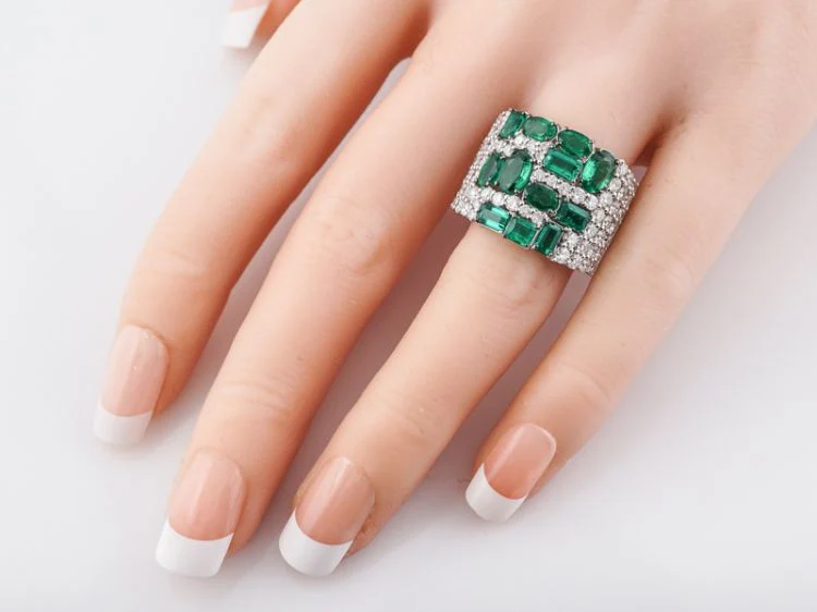 Right Hand Ring Modern 2.25 Oval/Emerald Cut Emeralds & 1.79 Round Brilliant Cut Diamonds in 18k White Gold - Image 6
