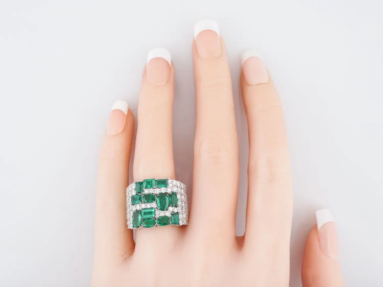 Right Hand Ring Modern 2.25 Oval/Emerald Cut Emeralds & 1.79 Round Brilliant Cut Diamonds in 18k White Gold - Image 7