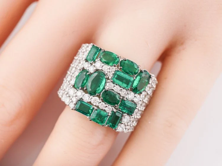 Right Hand Ring Modern 2.25 Oval/Emerald Cut Emeralds & 1.79 Round Brilliant Cut Diamonds in 18k White Gold - Image 8
