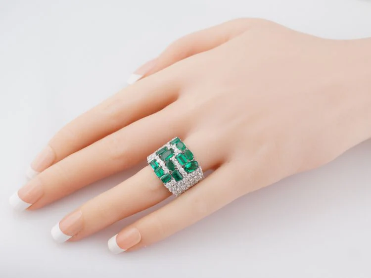 Right Hand Ring Modern 2.25 Oval/Emerald Cut Emeralds & 1.79 Round Brilliant Cut Diamonds in 18k White Gold - Image 9
