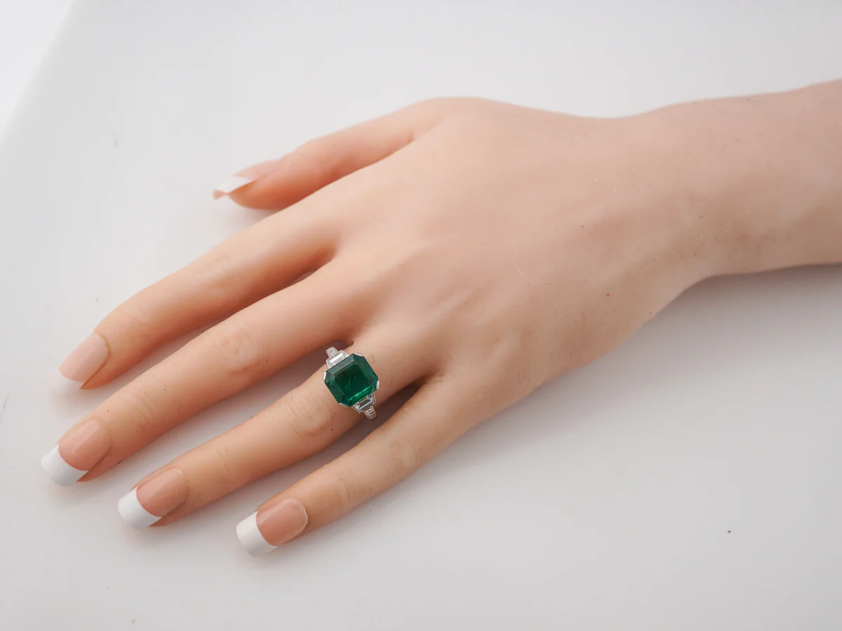 Right Hand Ring Modern 4.24 Square Step Cut Emerald in Platinum - Image 7