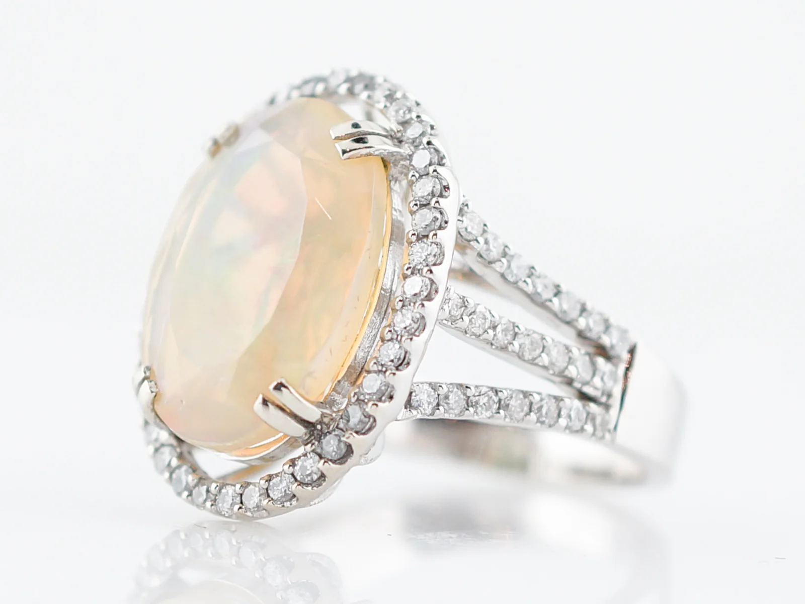 Right Hand Ring Modern 5.57 Oval Cut Opal & 1.17 Round Brilliant Cut Diamonds in 14k White Gold - Image 3