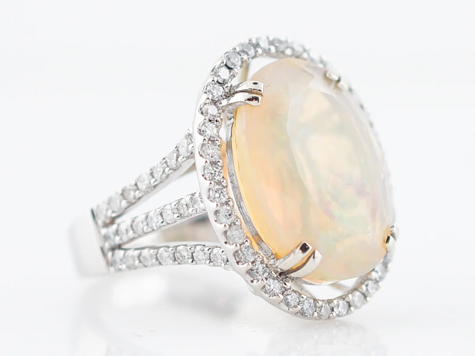 Right Hand Ring Modern 5.57 Oval Cut Opal & 1.17 Round Brilliant Cut Diamonds in 14k White Gold - Image 4