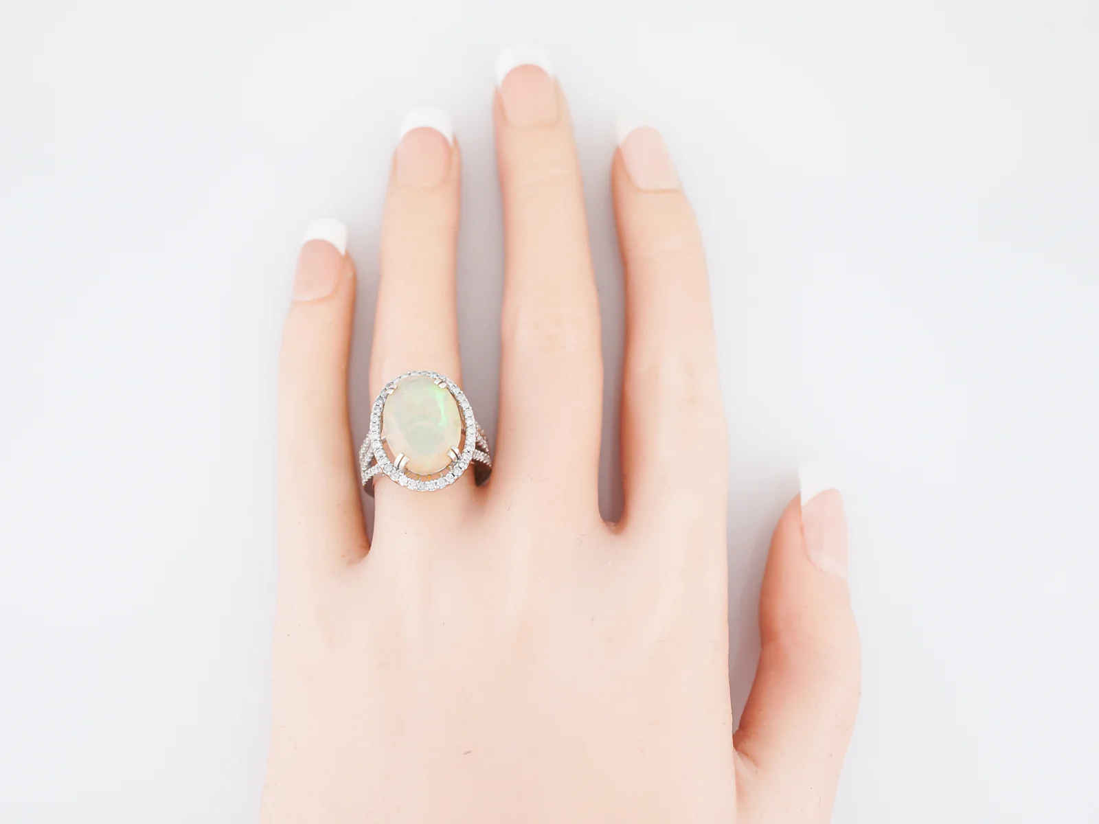 Right Hand Ring Modern 5.57 Oval Cut Opal & 1.17 Round Brilliant Cut Diamonds in 14k White Gold - Image 8