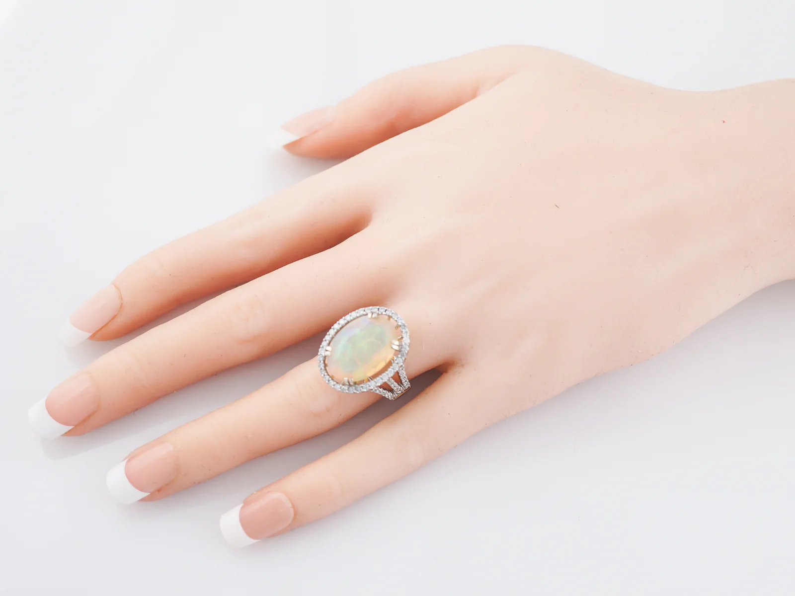Right Hand Ring Modern 5.57 Oval Cut Opal & 1.17 Round Brilliant Cut Diamonds in 14k White Gold - Image 9