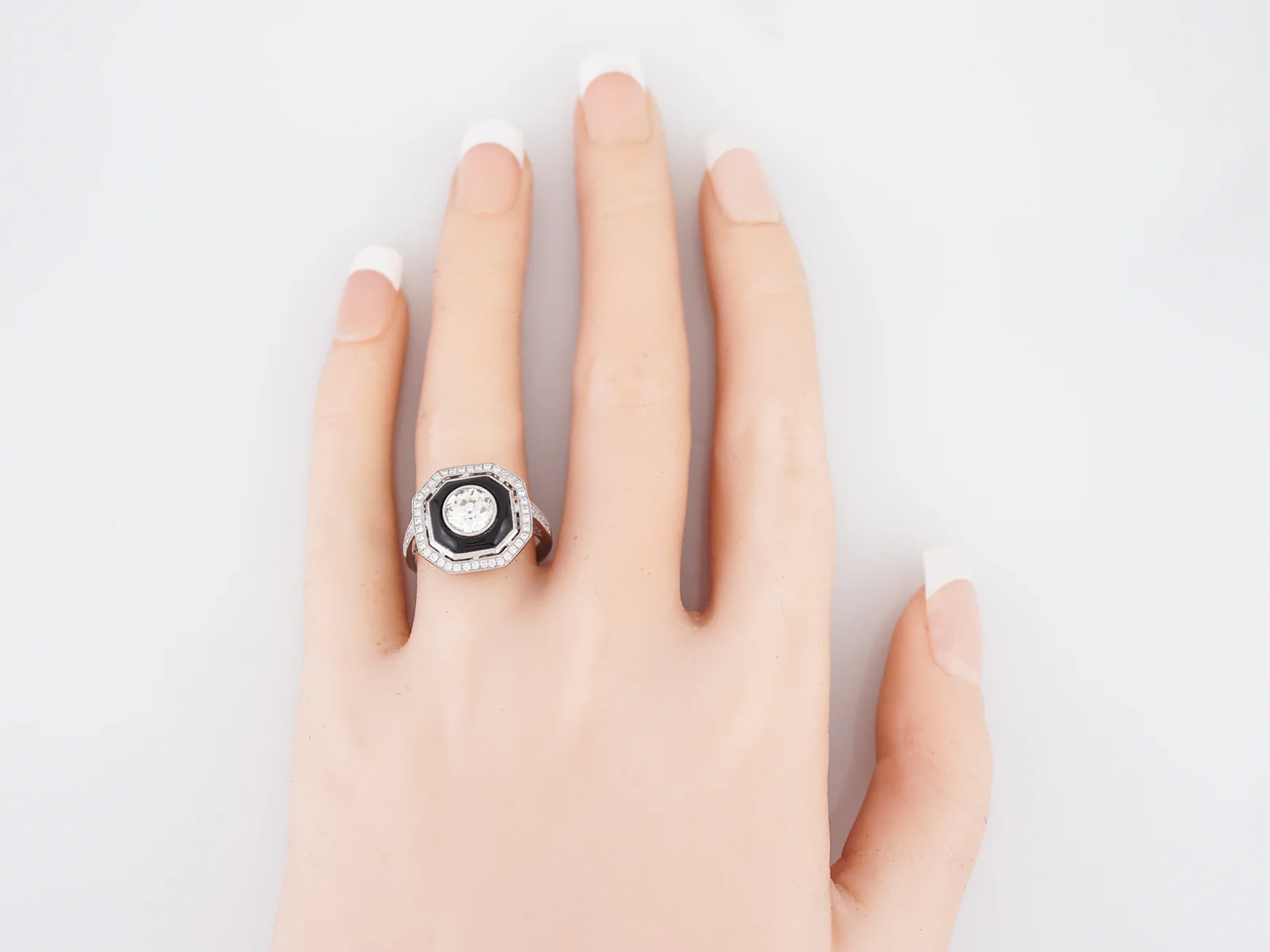 Right Hand Ring Modern .95 Old European Cut Diamond & Onyx in Platinum - Image 6