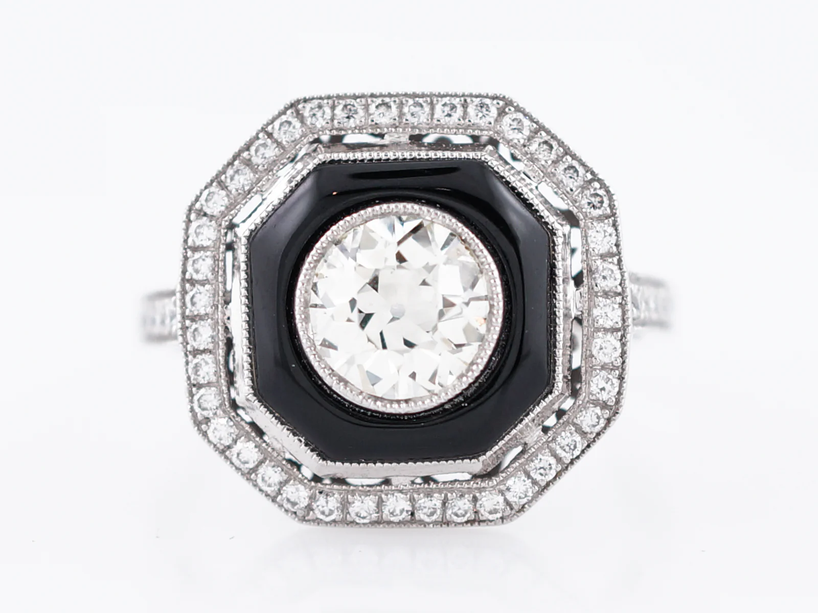 Right Hand Ring Modern .95 Old European Cut Diamond & Onyx in Platinum - Image 2