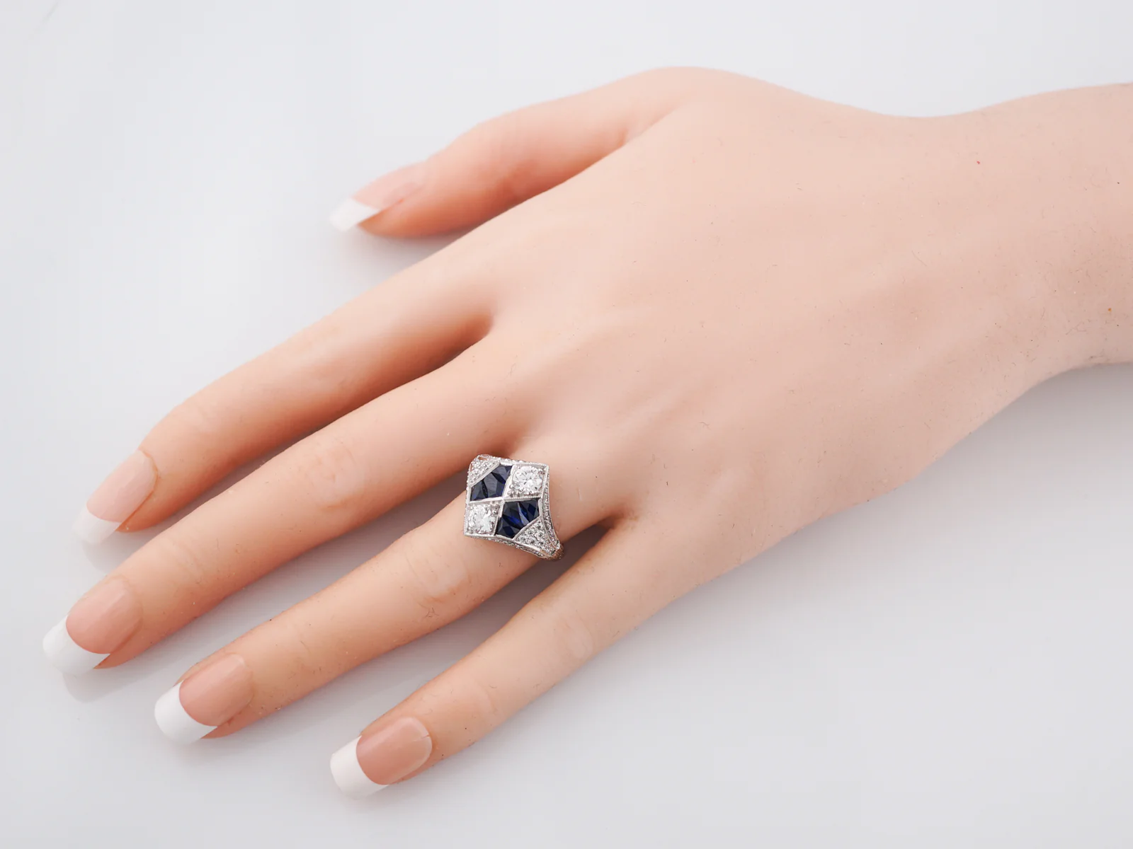 Right Hand Ring Modern 1.03 Round Brilliant Cut Diamonds & 2.86 French Cut Sapphire in Platinum - Image 8