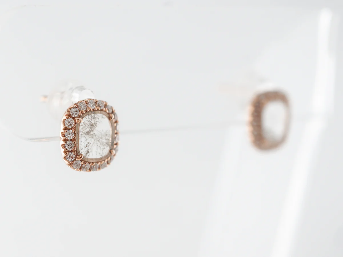 Rose Cut Diamond Halo Earrings in Rose Gold - Image 2