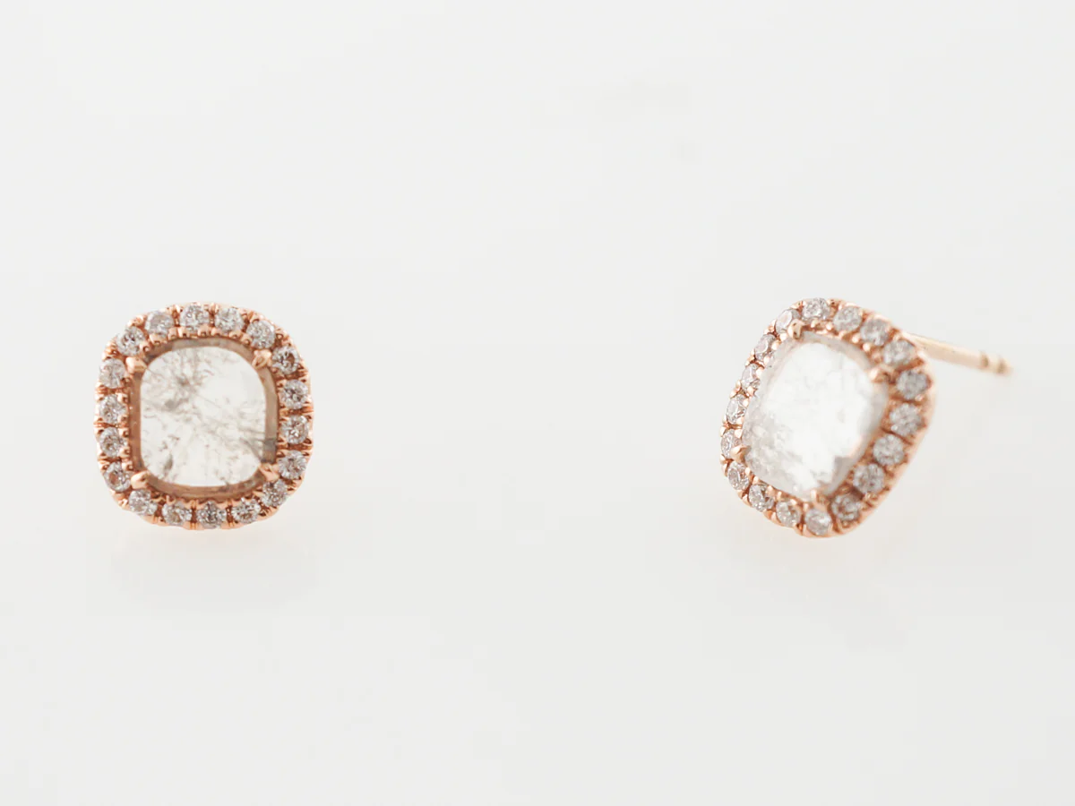Rose Cut Diamond Halo Earrings in Rose Gold - Image 4