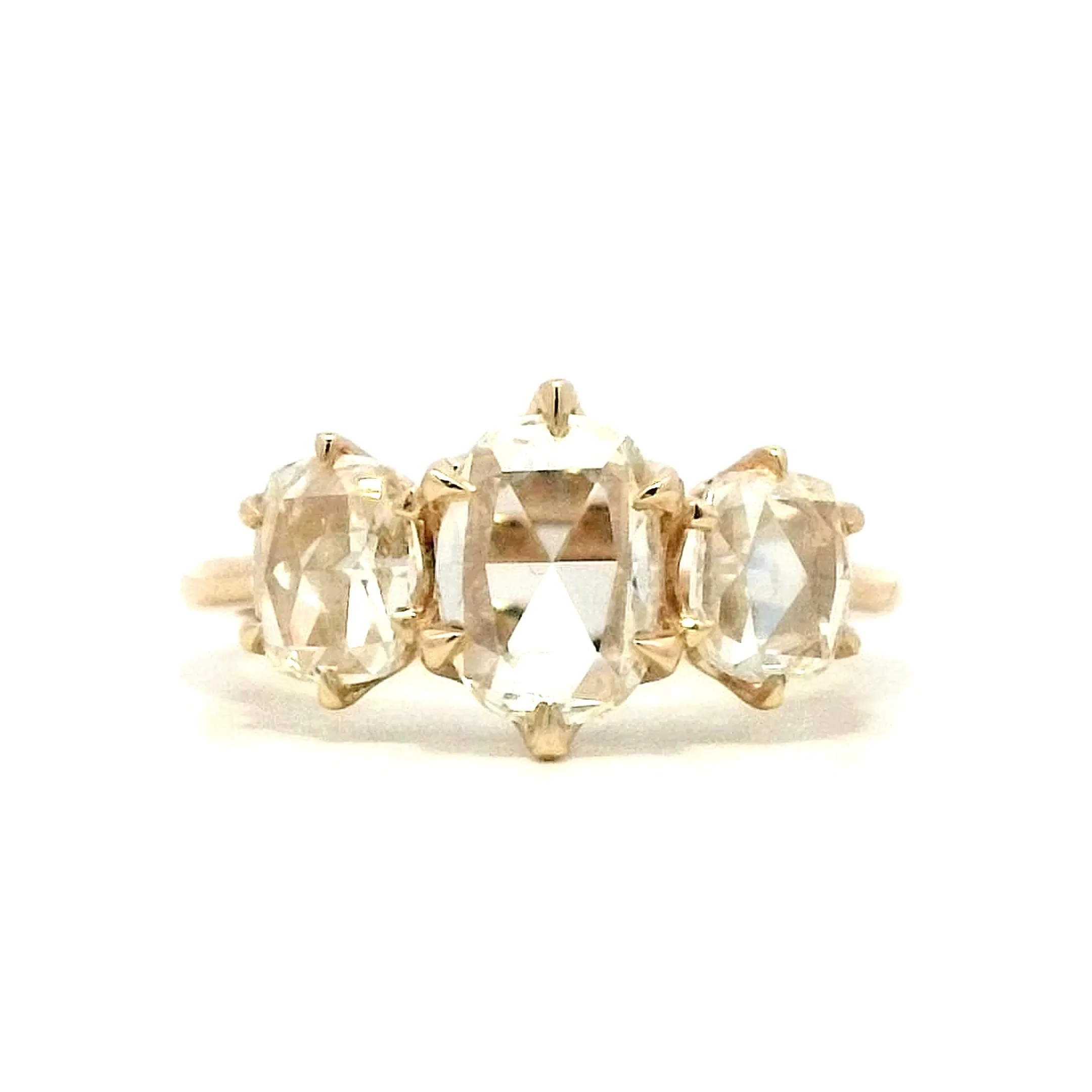 Rose Cut Diamond Three Stone Engagement Ring in Yellow Gold