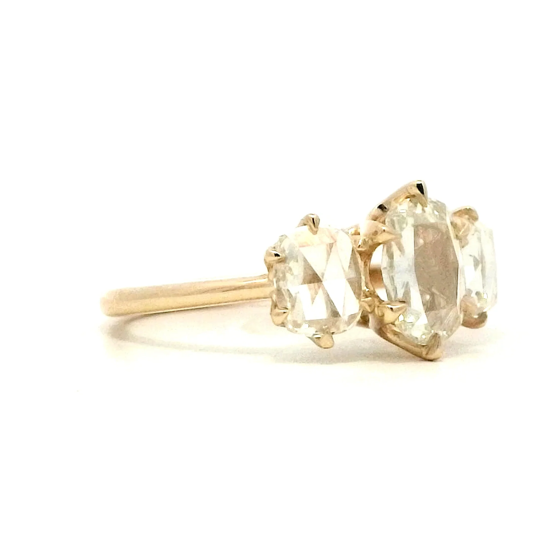 Rose Cut Diamond Three Stone Engagement Ring in Yellow Gold - Image 3