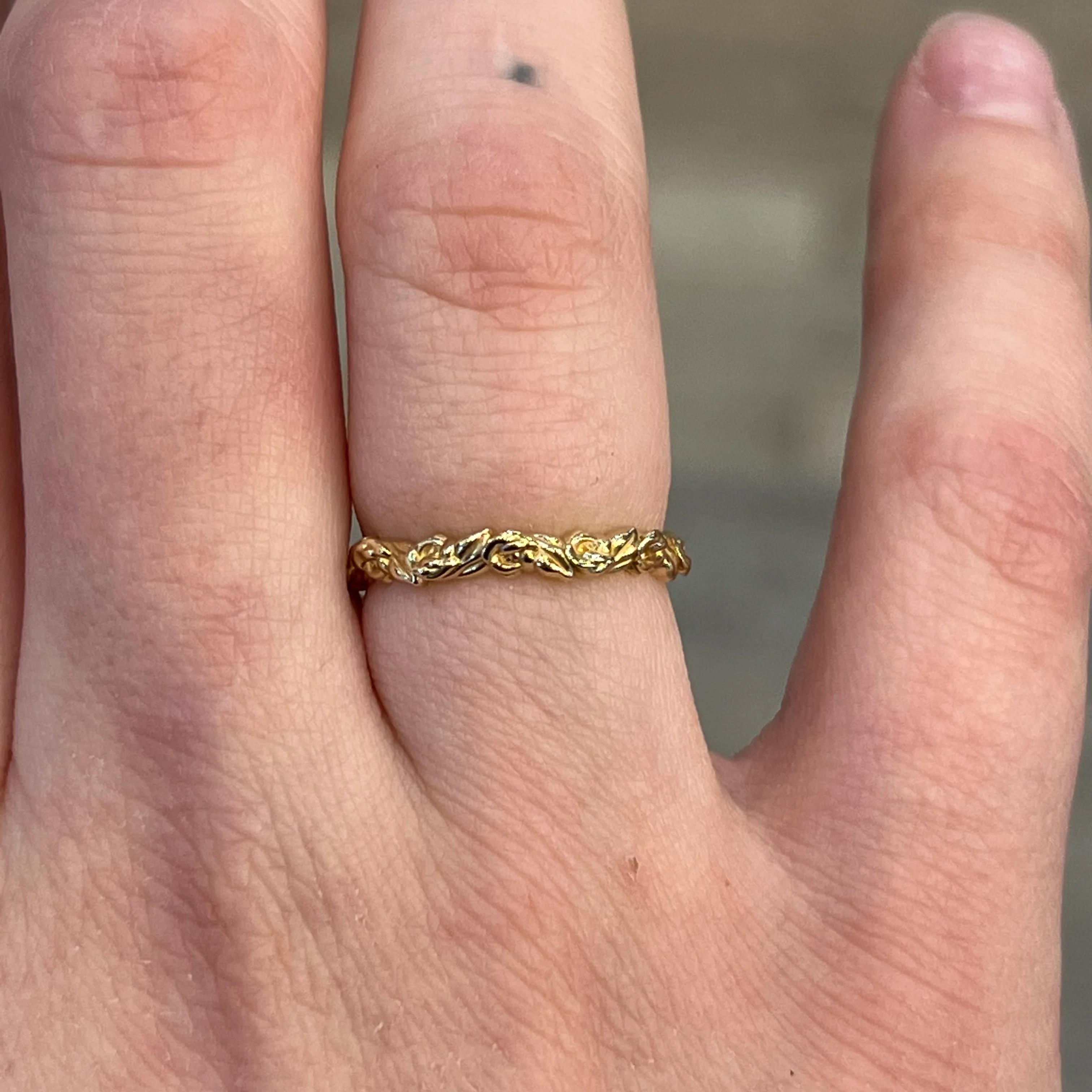 Rose Textured Wedding Band in 14k Yellow Gold - Image 6