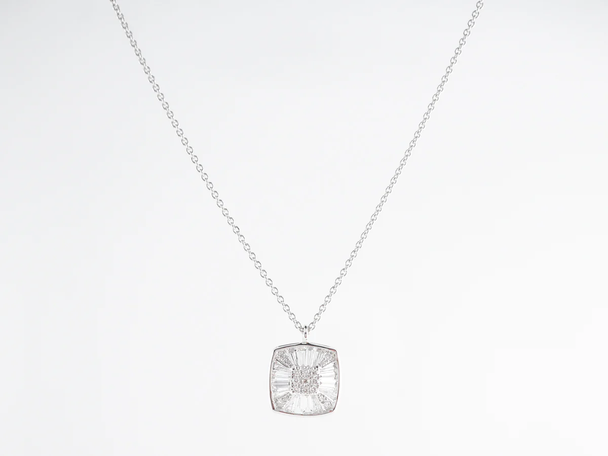 Round & Baguette Diamond Pendant Necklace in 18K White Gold