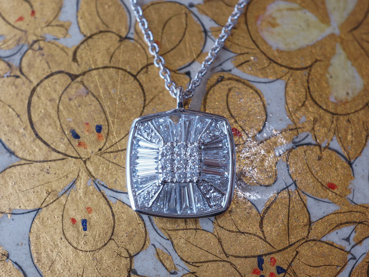 Round & Baguette Diamond Pendant Necklace in 18K White Gold - Image 3