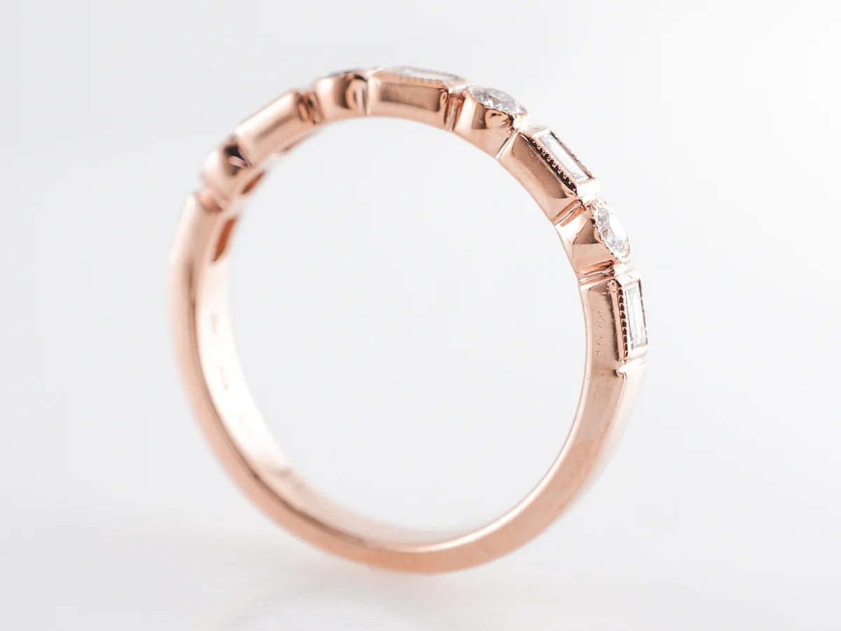 Round & Baguette Diamond Wedding Band in Rose Gold - Image 5