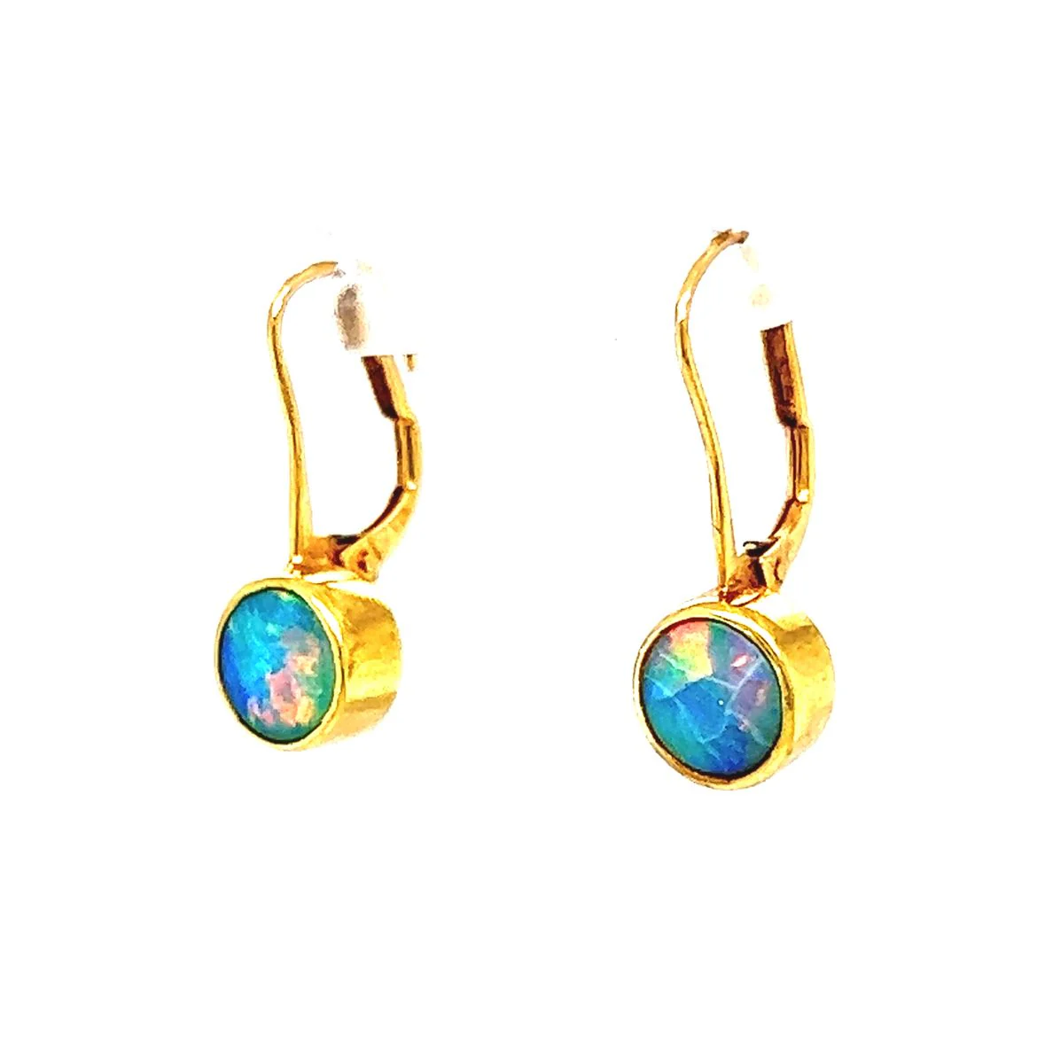 Round Bezel Set Opal Drop Earrings in 18k Yellow Gold - Image 2