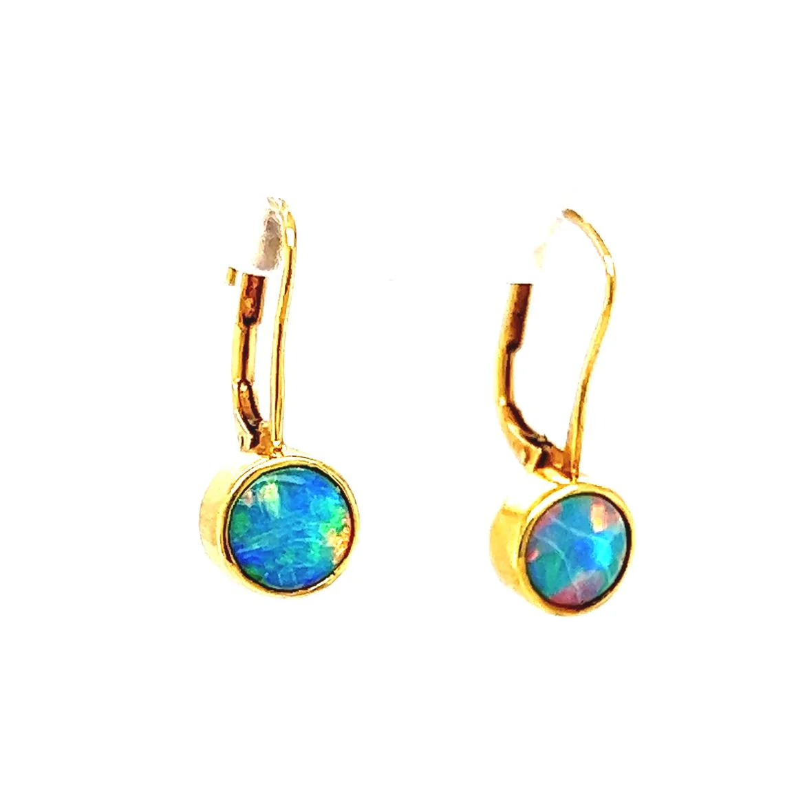 Round Bezel Set Opal Drop Earrings in 18k Yellow Gold - Image 3