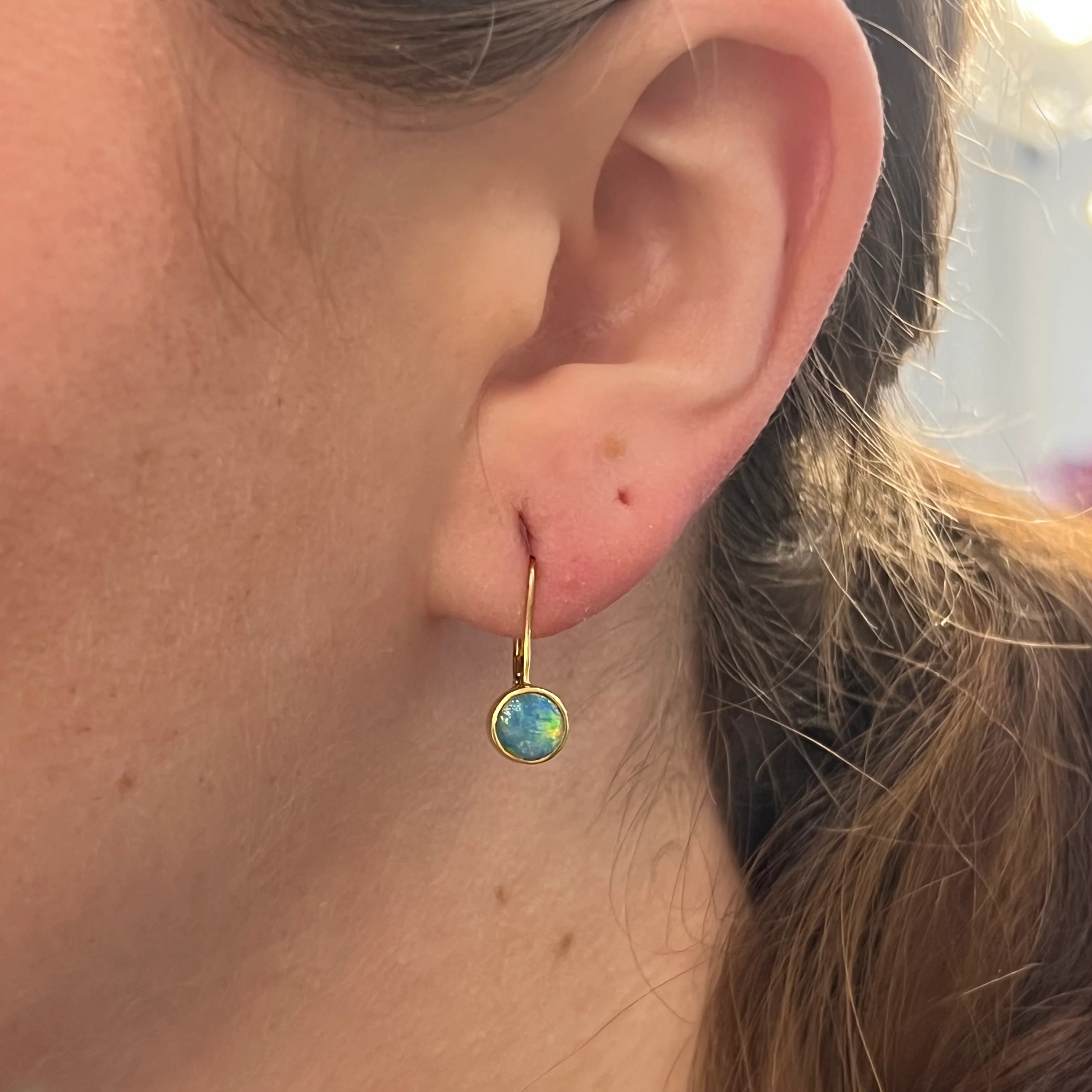 Round Bezel Set Opal Drop Earrings in 18k Yellow Gold - Image 4